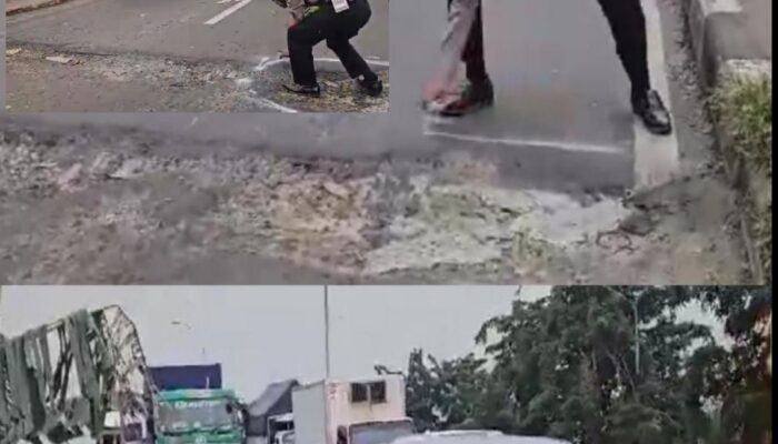 Polsek Porong Lakukan Pengecatan Tandai Jalan Rusak di Jalan Arteri Penghubung Pasuruan-Sidoarjo